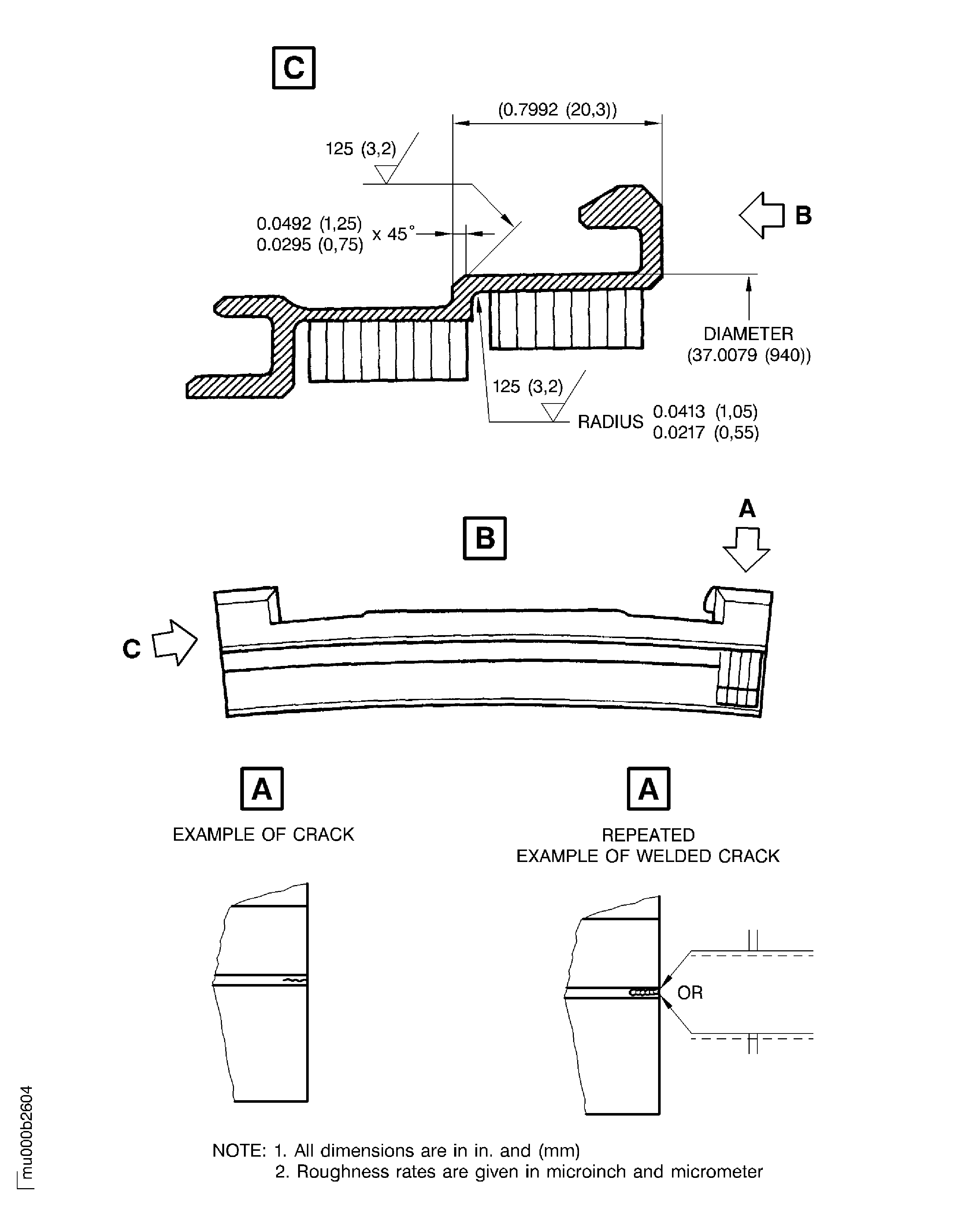 Dimensions for weld repair of the stage 5 shroud seal segment