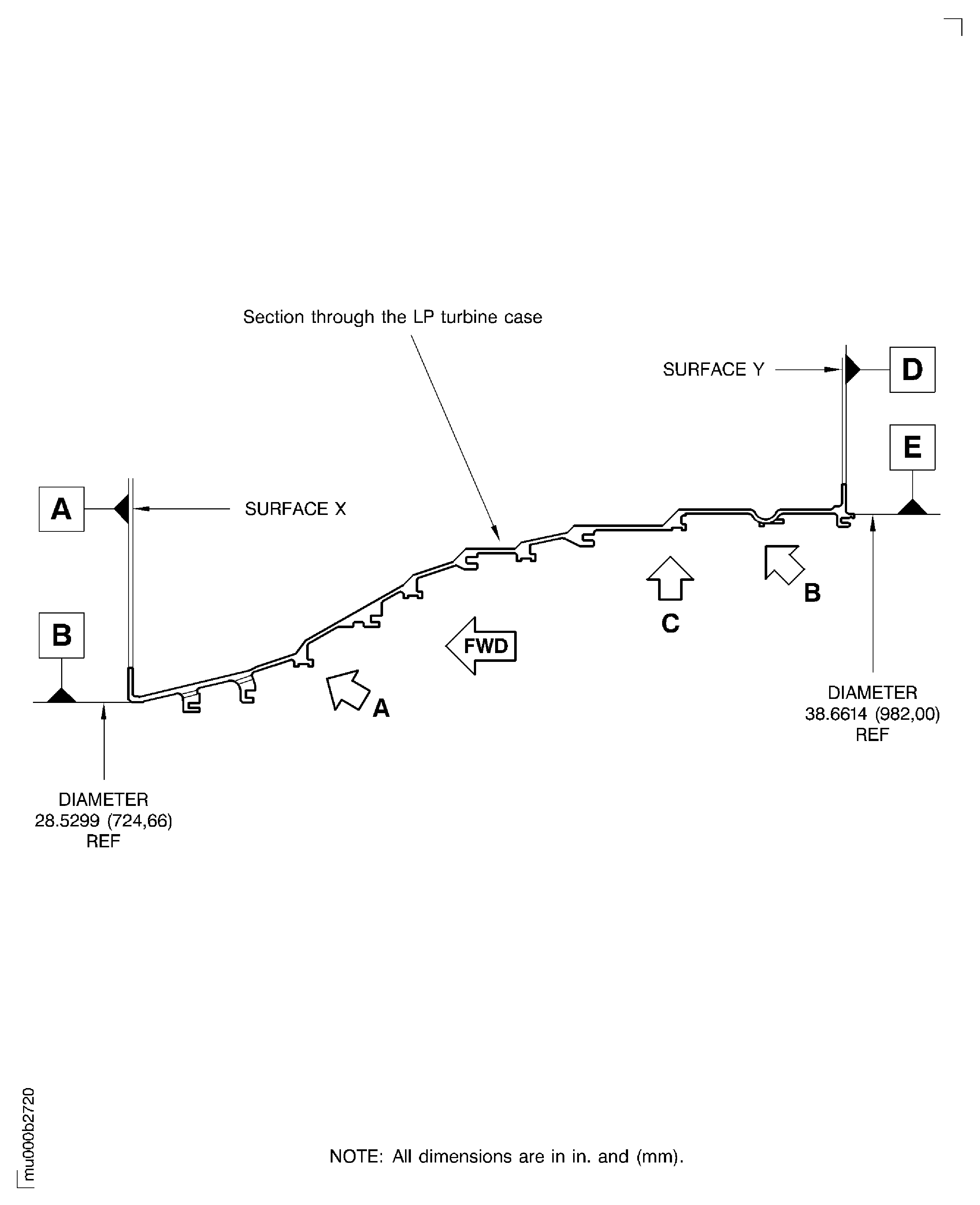 LP turbine case rear vane hook diameters before plasma spraying
