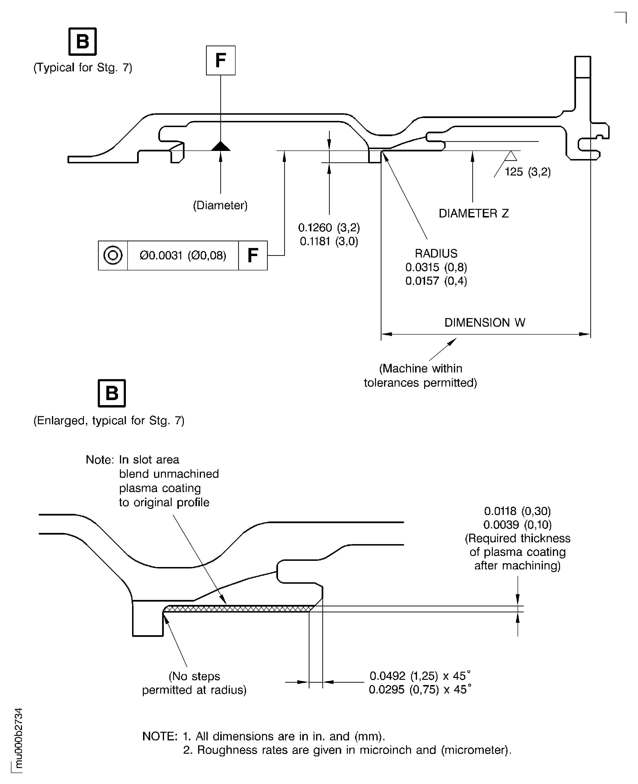 LP turbine case rear vane hook diameters after plasma spraying