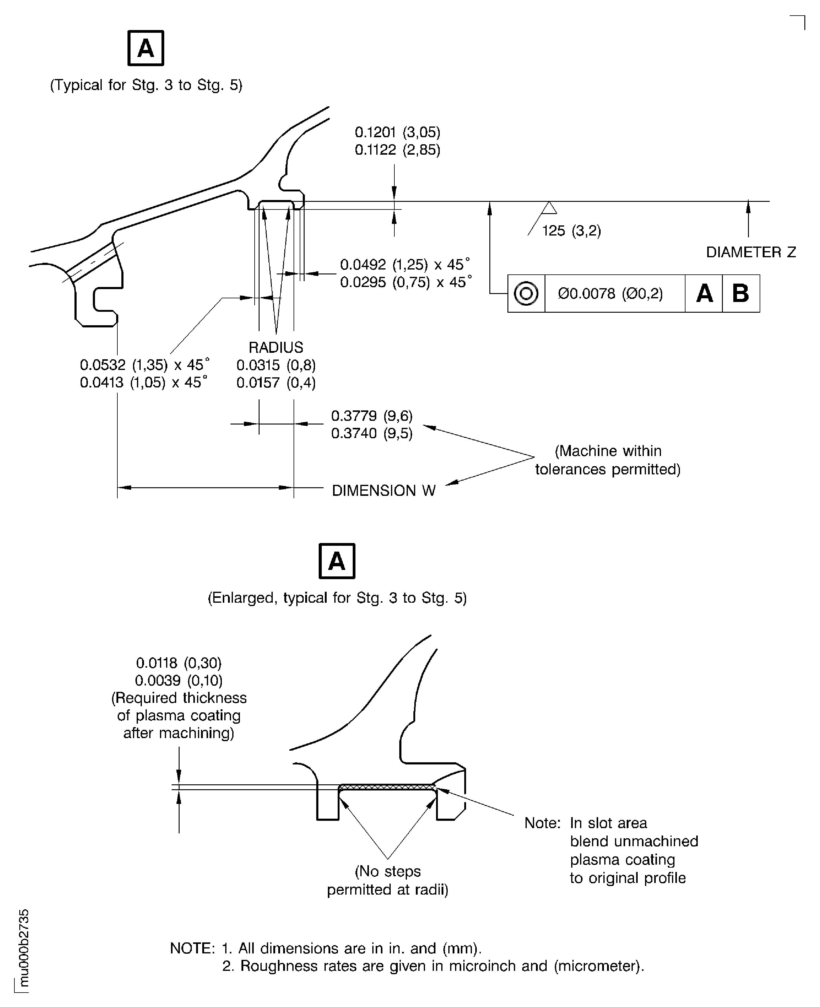 LP turbine case rear vane hook diameters after plasma spraying