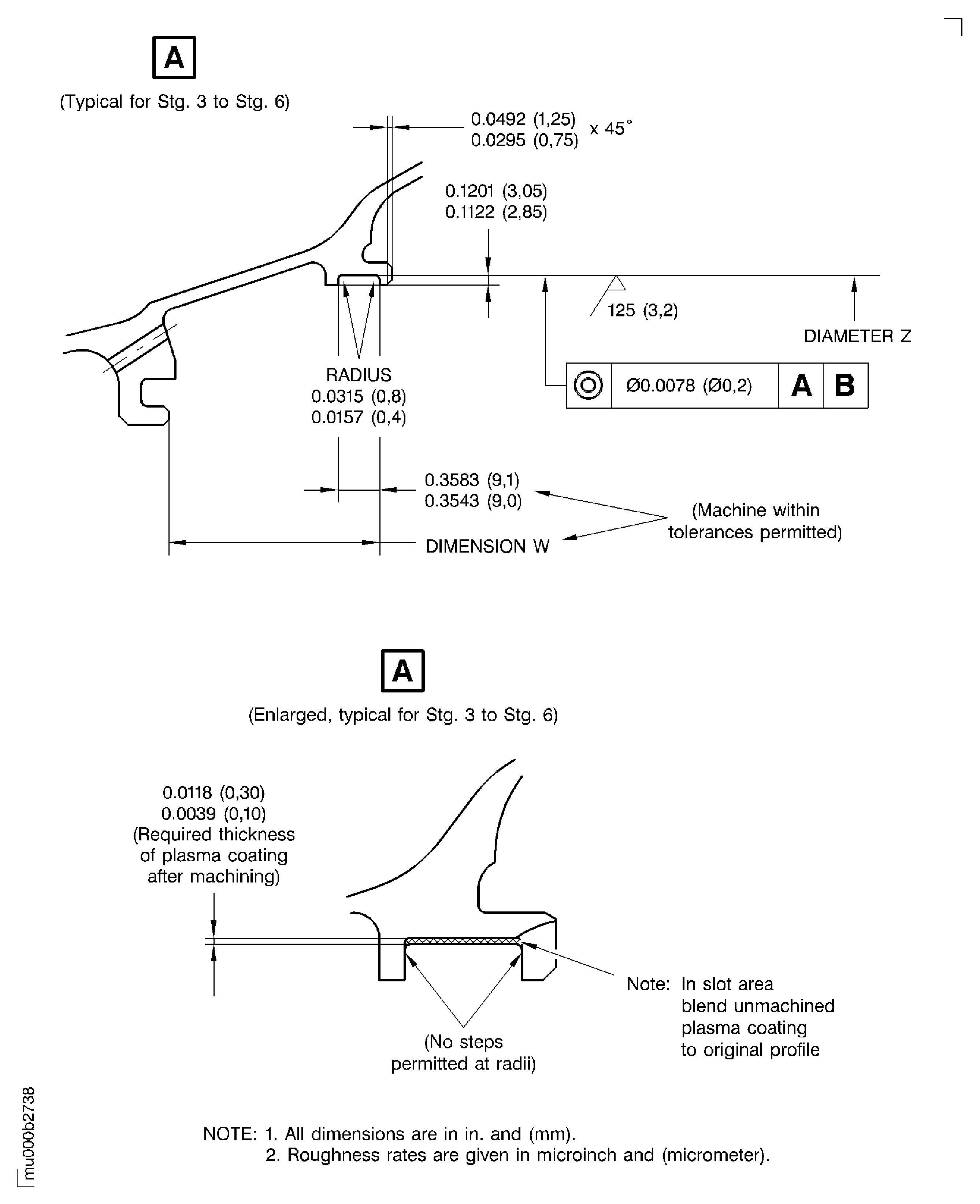 LP turbine case rear vane hook diameters after plasma spraying