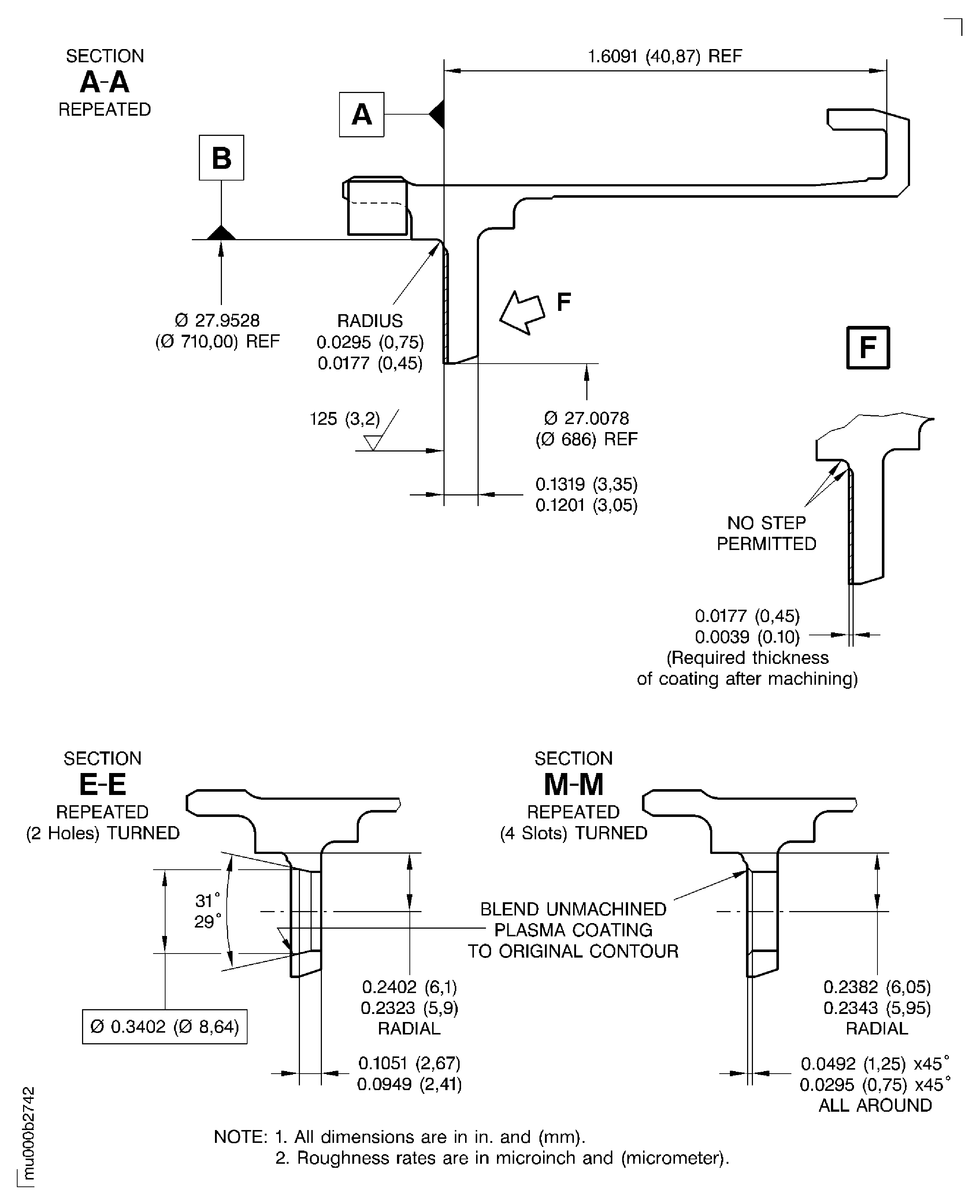 Dimensions for outer diffuser support inner front flange plasma
spray repair