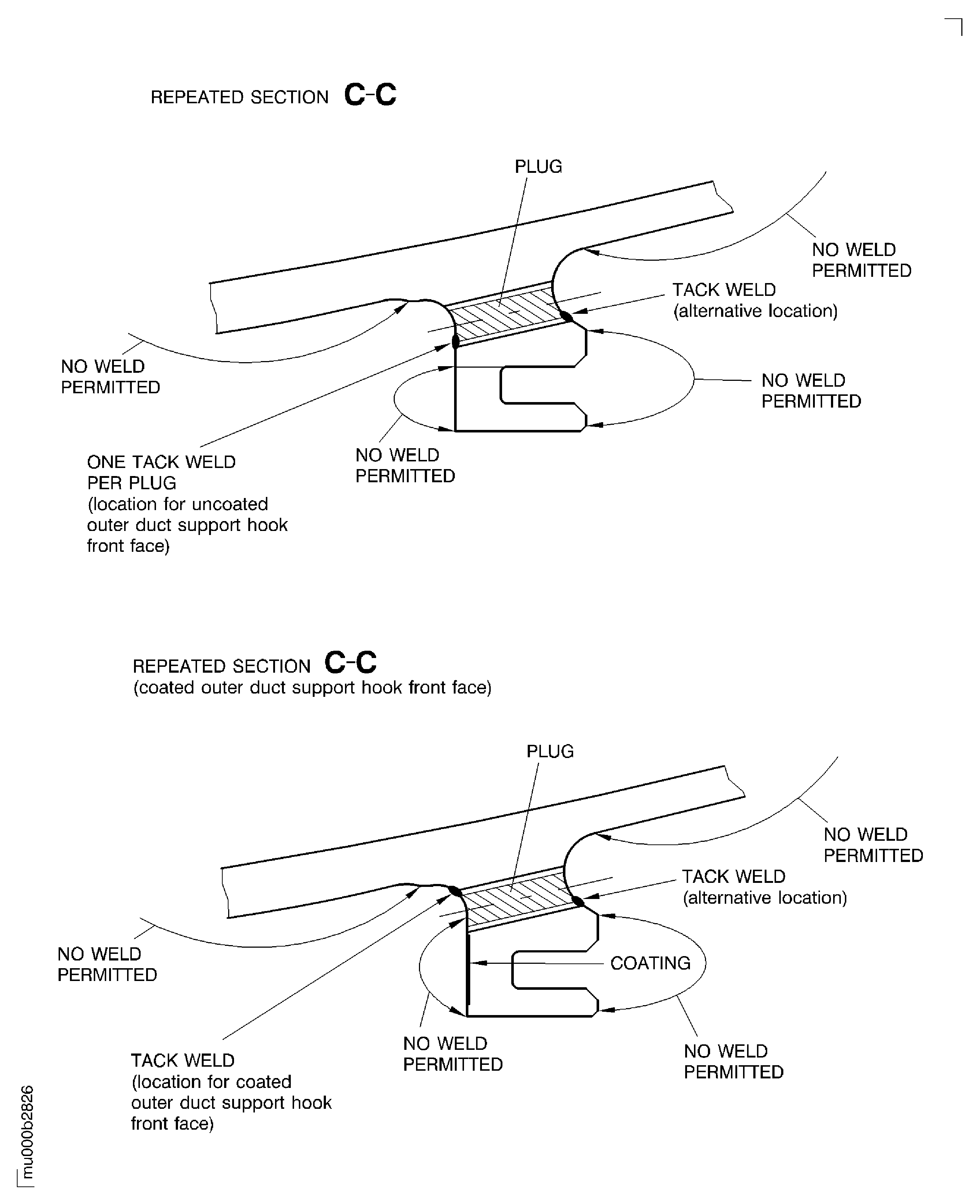 Tack weld the plug at the outer duct support of the LP turbine case