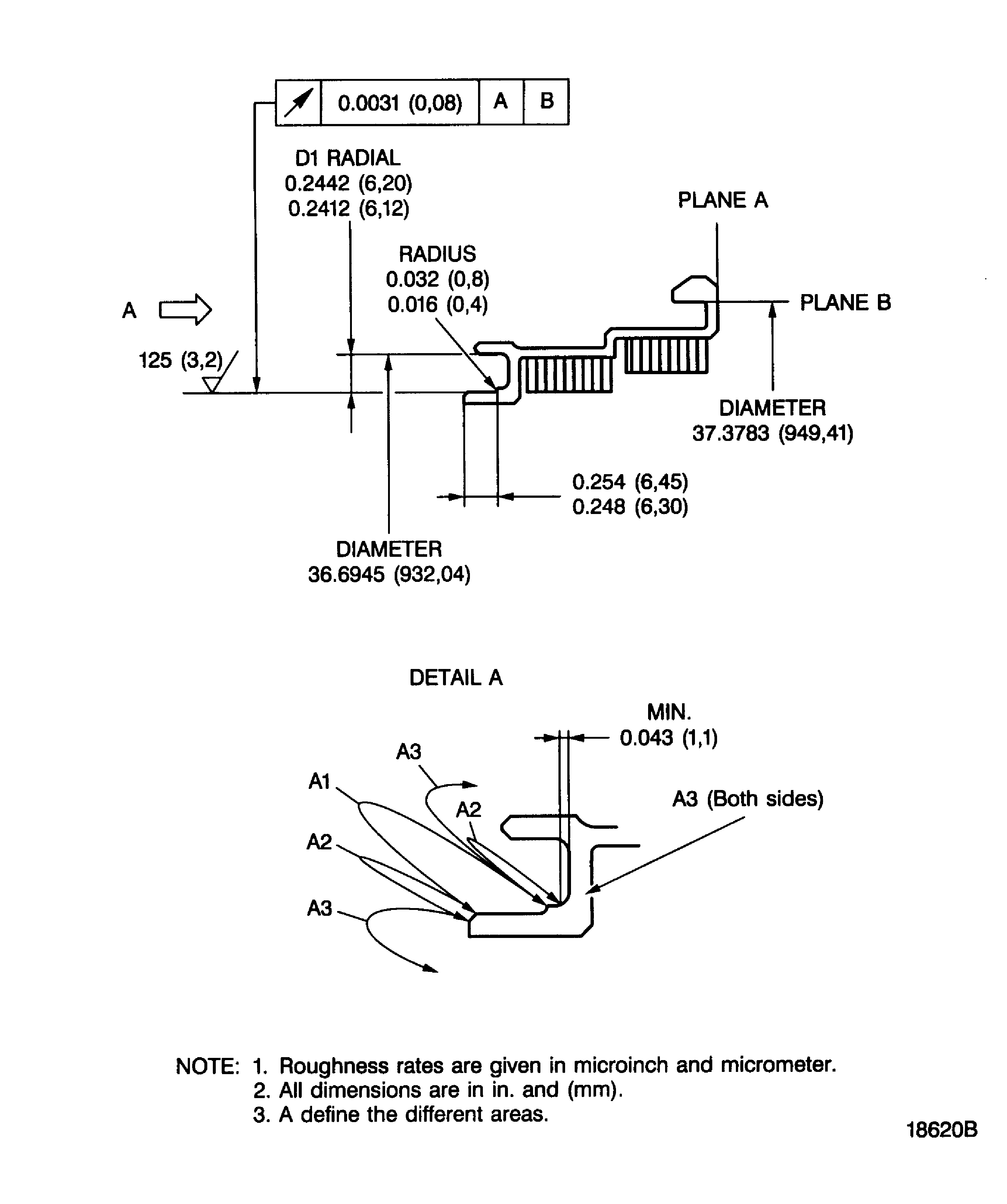 Dimensions and areas before plasma spraying