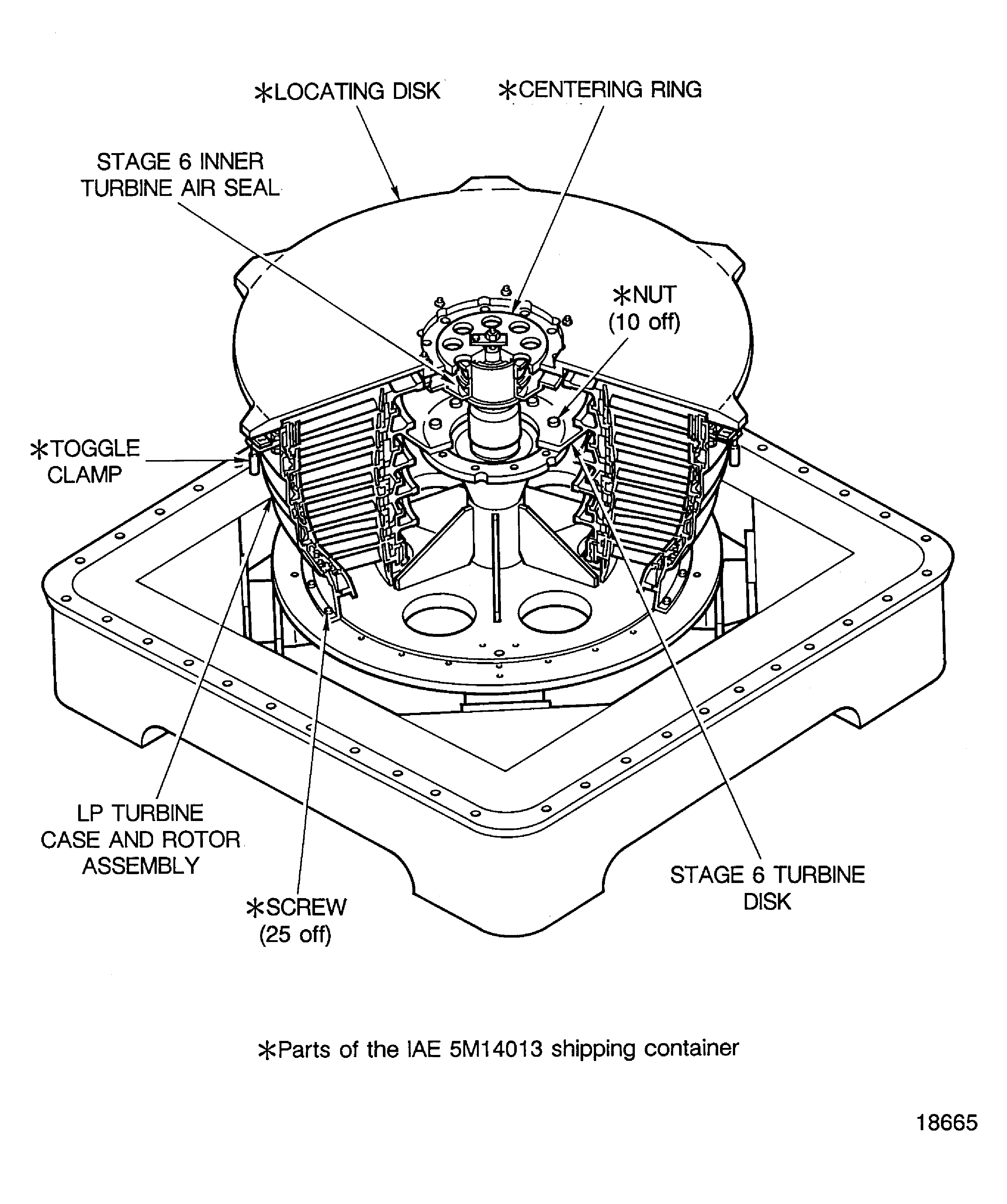 Install the LP turbine case and rotor assembly in to the shipping support