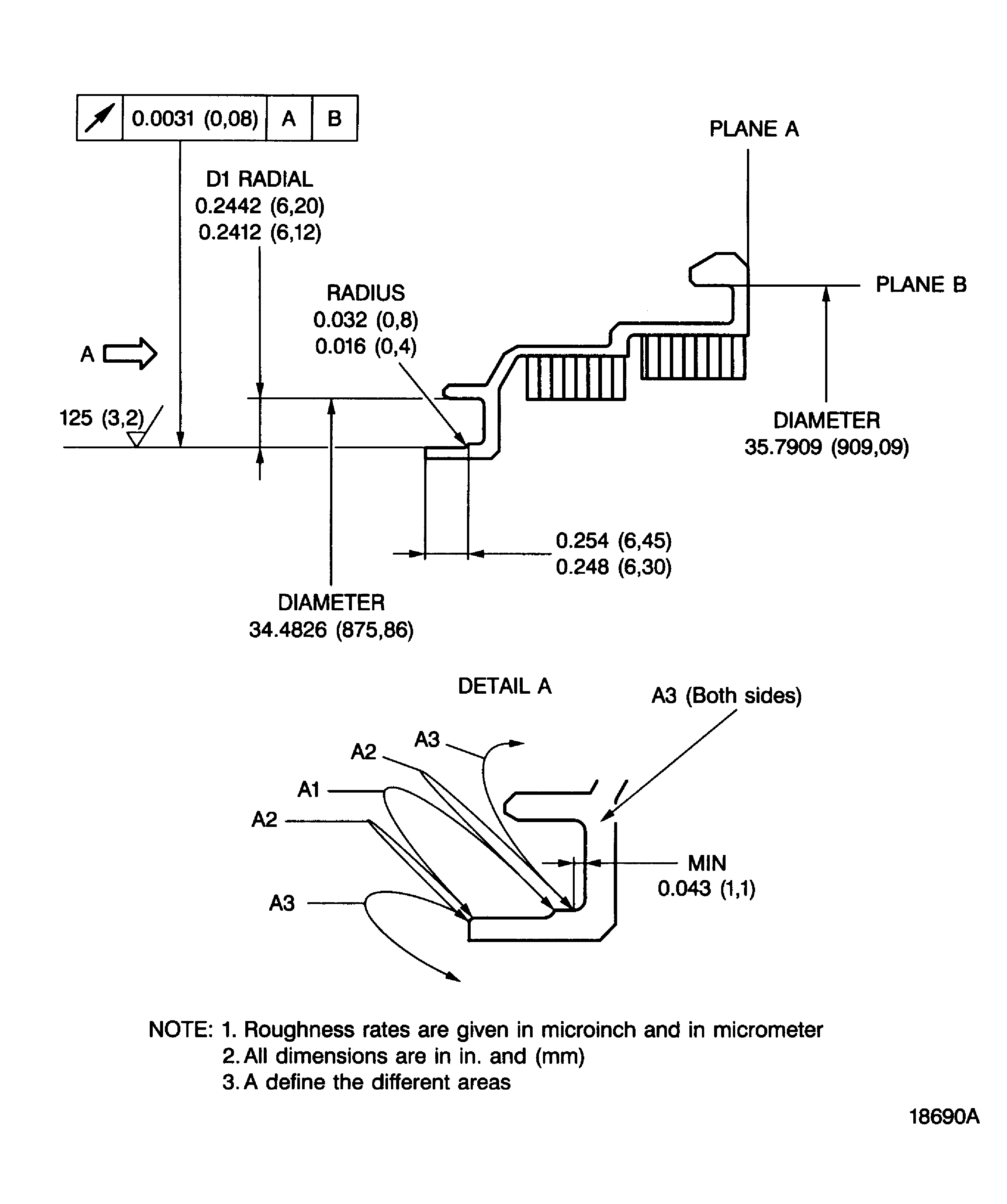 Dimensions and areas before plasma spraying