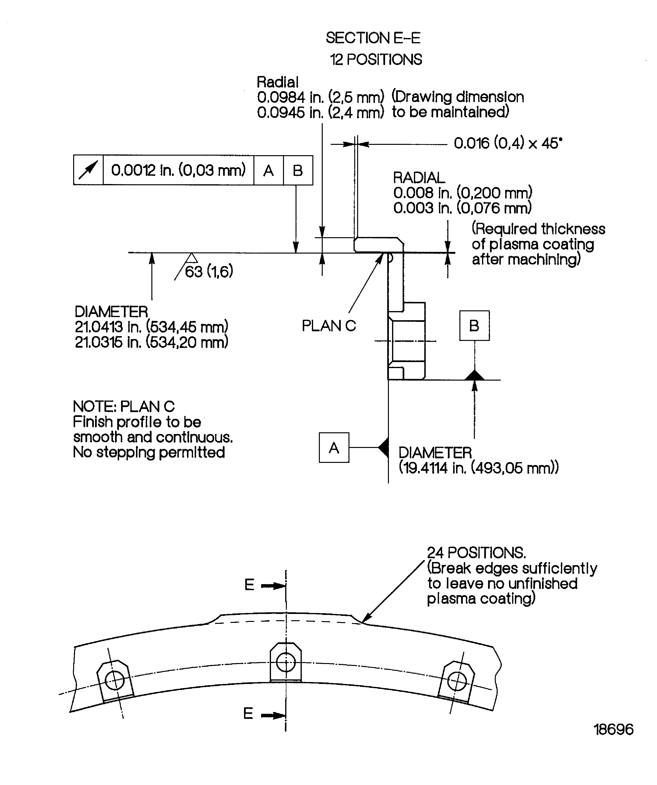 Plasma spray hook locating diameter, support ring assembly