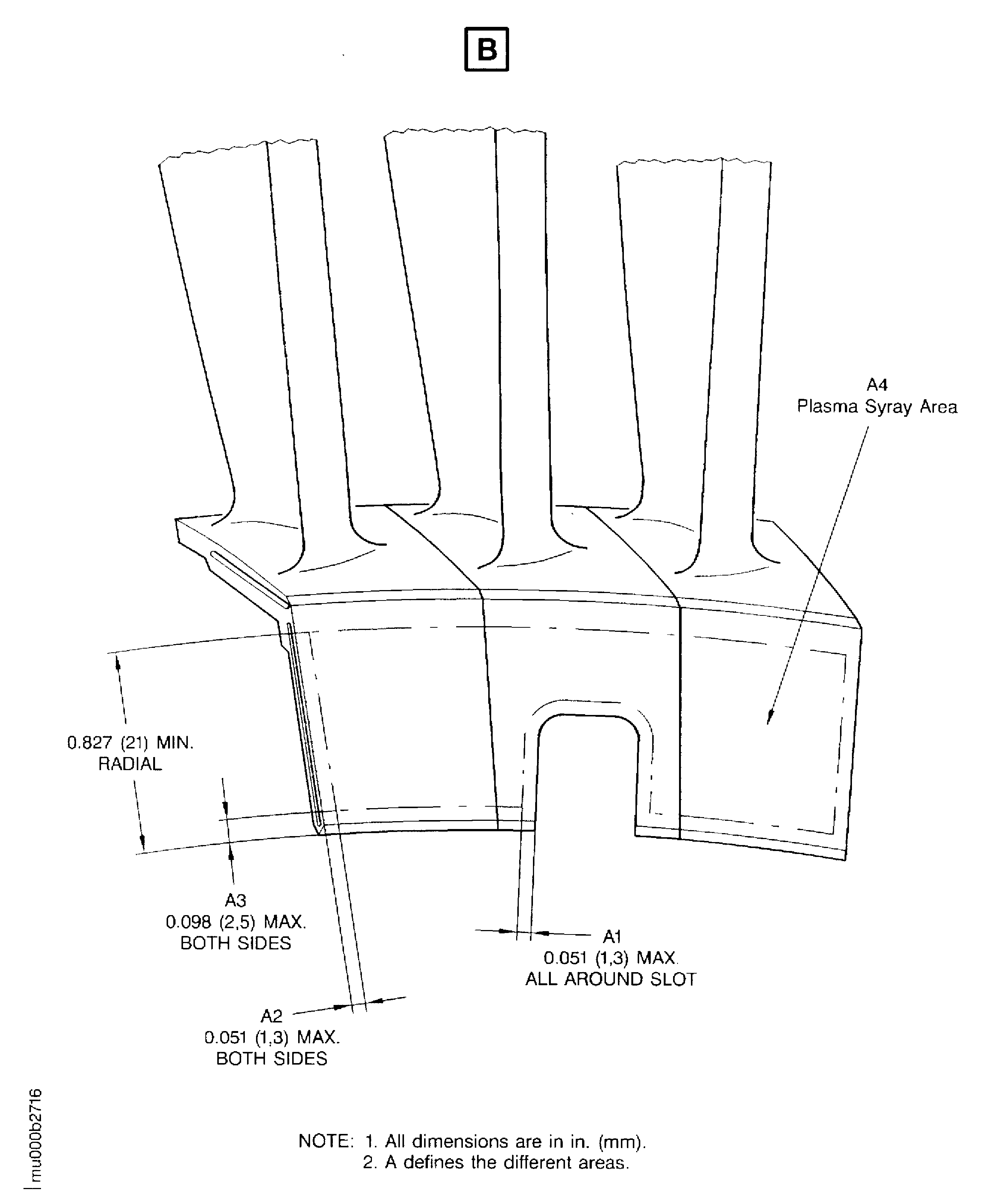 Inner buttress front flange plasma spray repair area (masking) of the stage 3 turbine vane