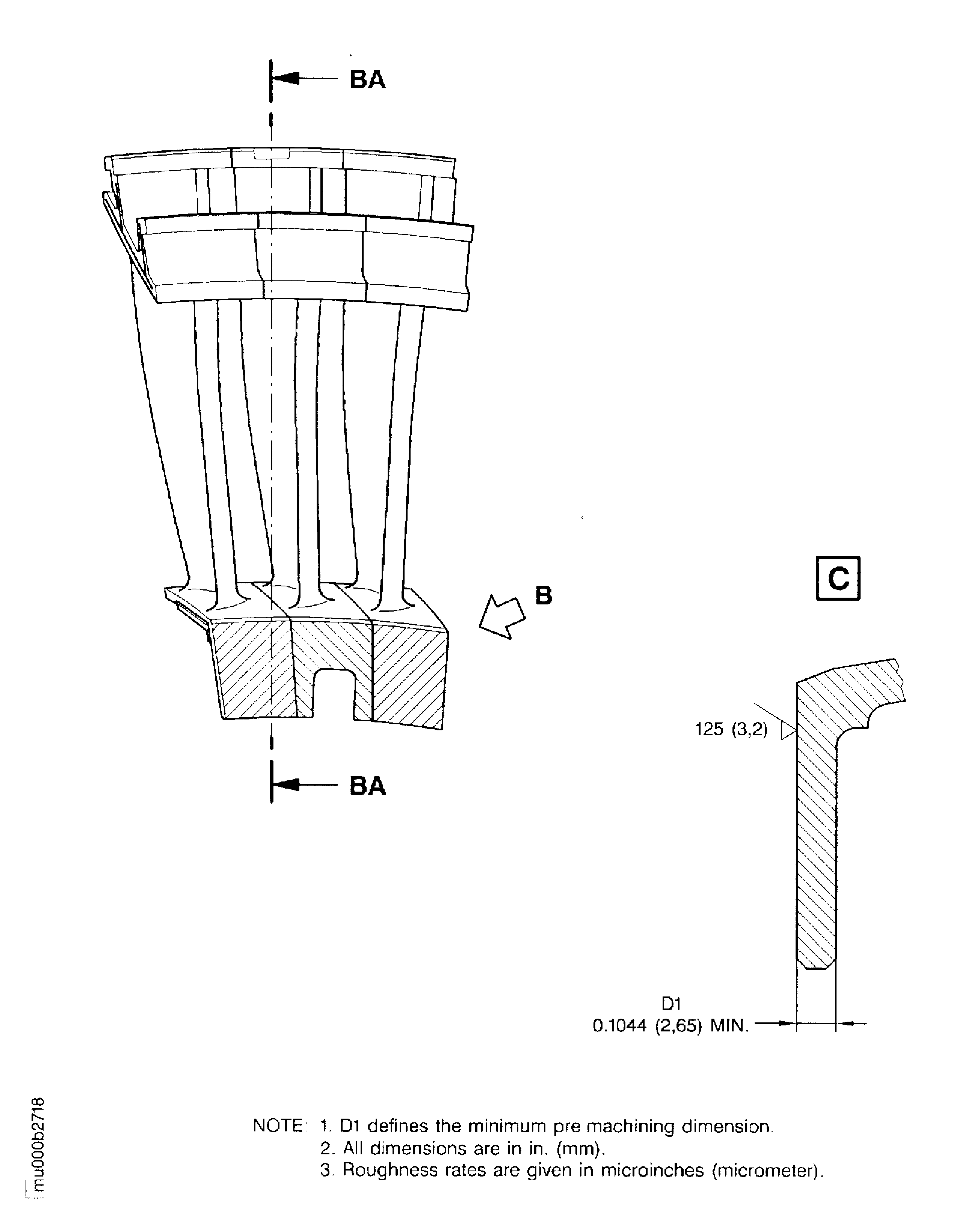 Inner buttress front flange plasma spray repair area of the stage 3 turbine vane