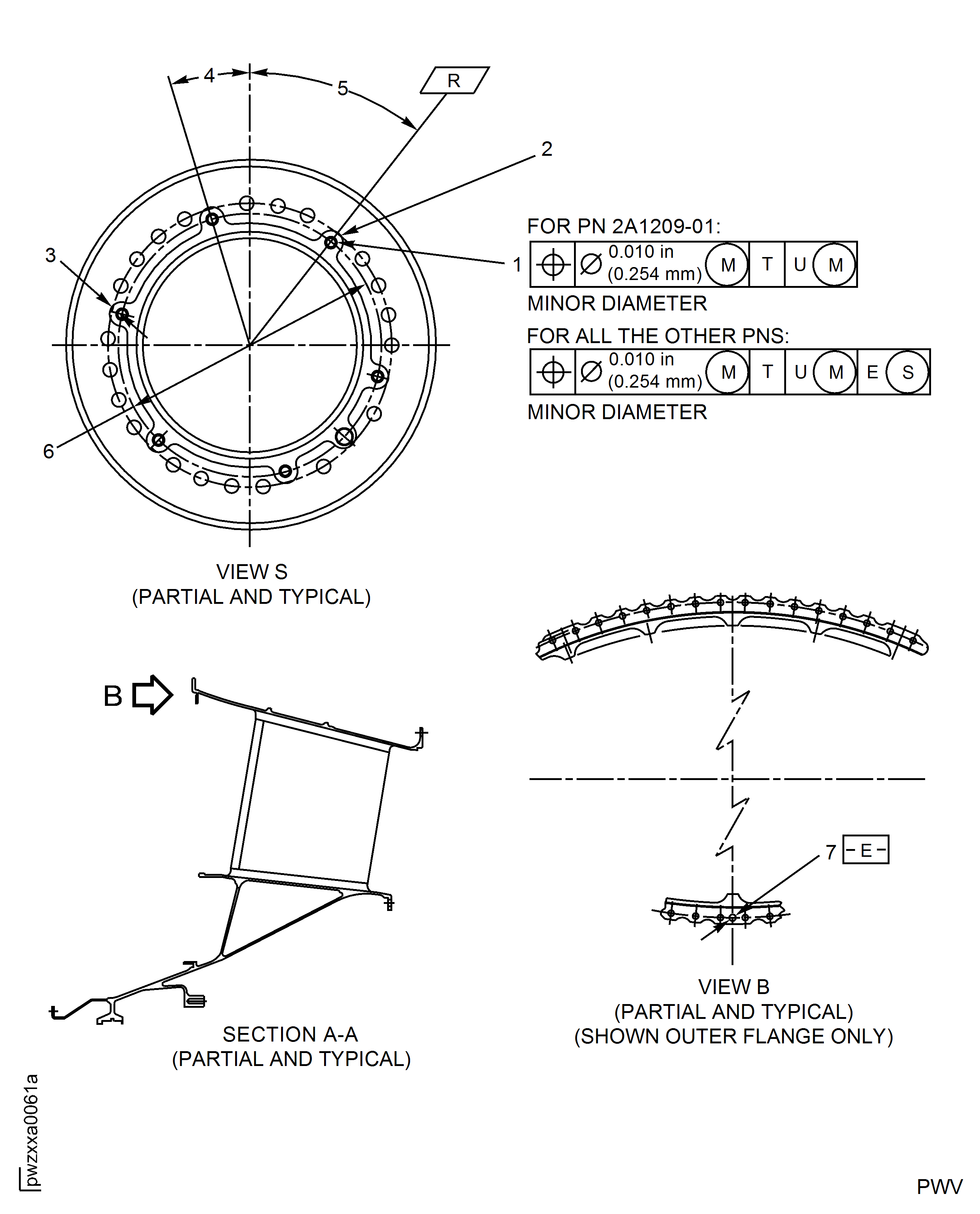 (1) Repair Areas On The No. 5 Bearing Retaining Plate Mating Flange Bolt Holes On The Turbine Exhaust Case Assembly At Six Locations. FIve Locations On The Basis Of Six Equally Spaced Locations And One Location Offset At R.