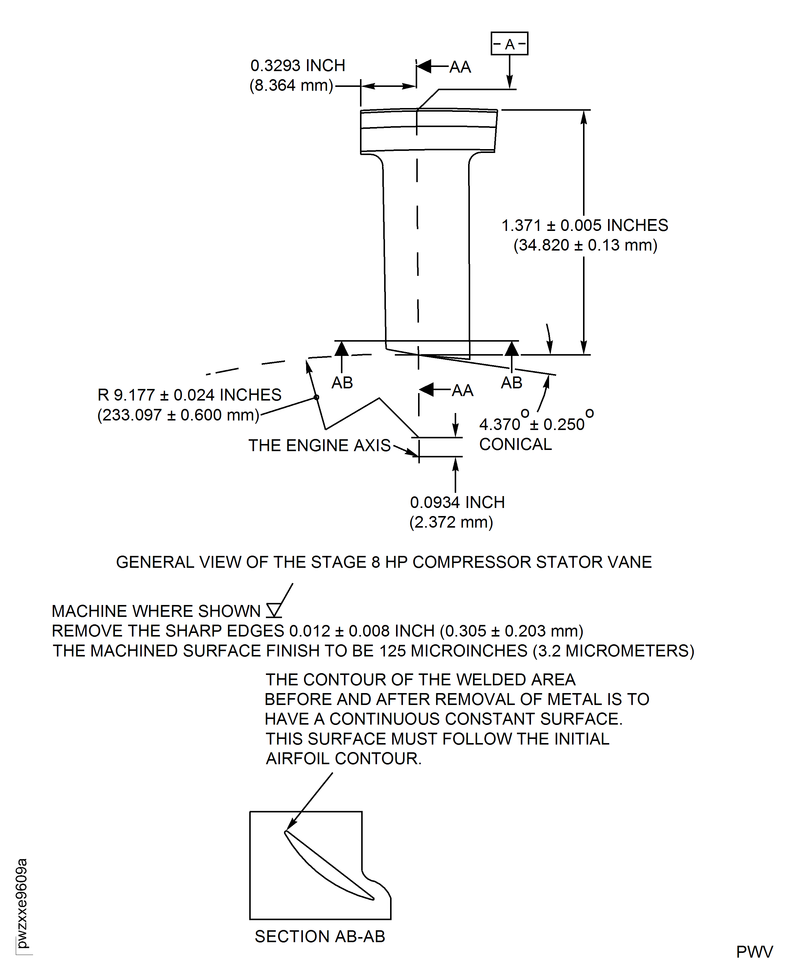 HP Compressor Stage 8 Stator Vane (Assembly C) - Repair Details and Dimensions