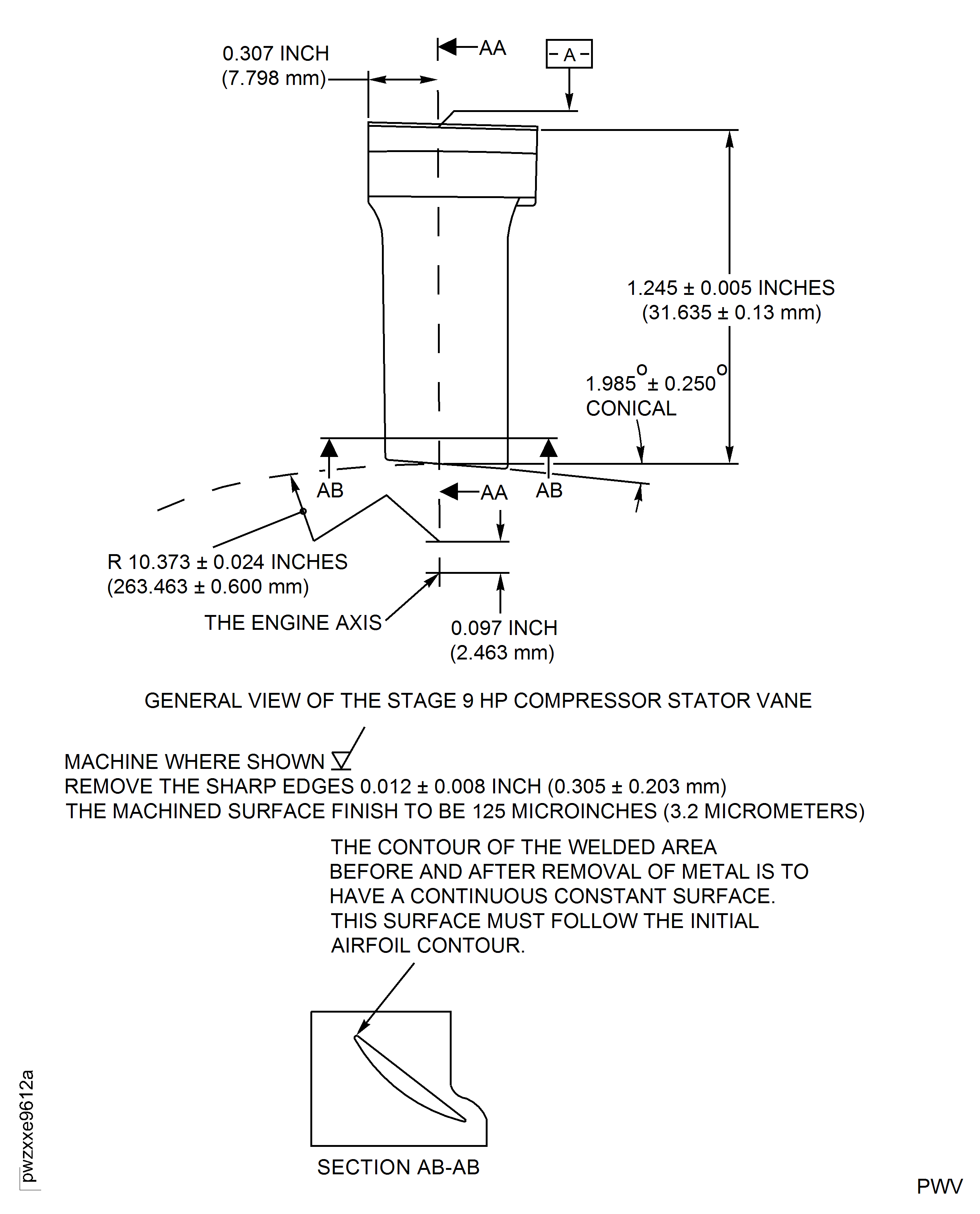 HP Compressor Stage 9 Stator Vane (Assembly D) - Repair Details and Dimensions