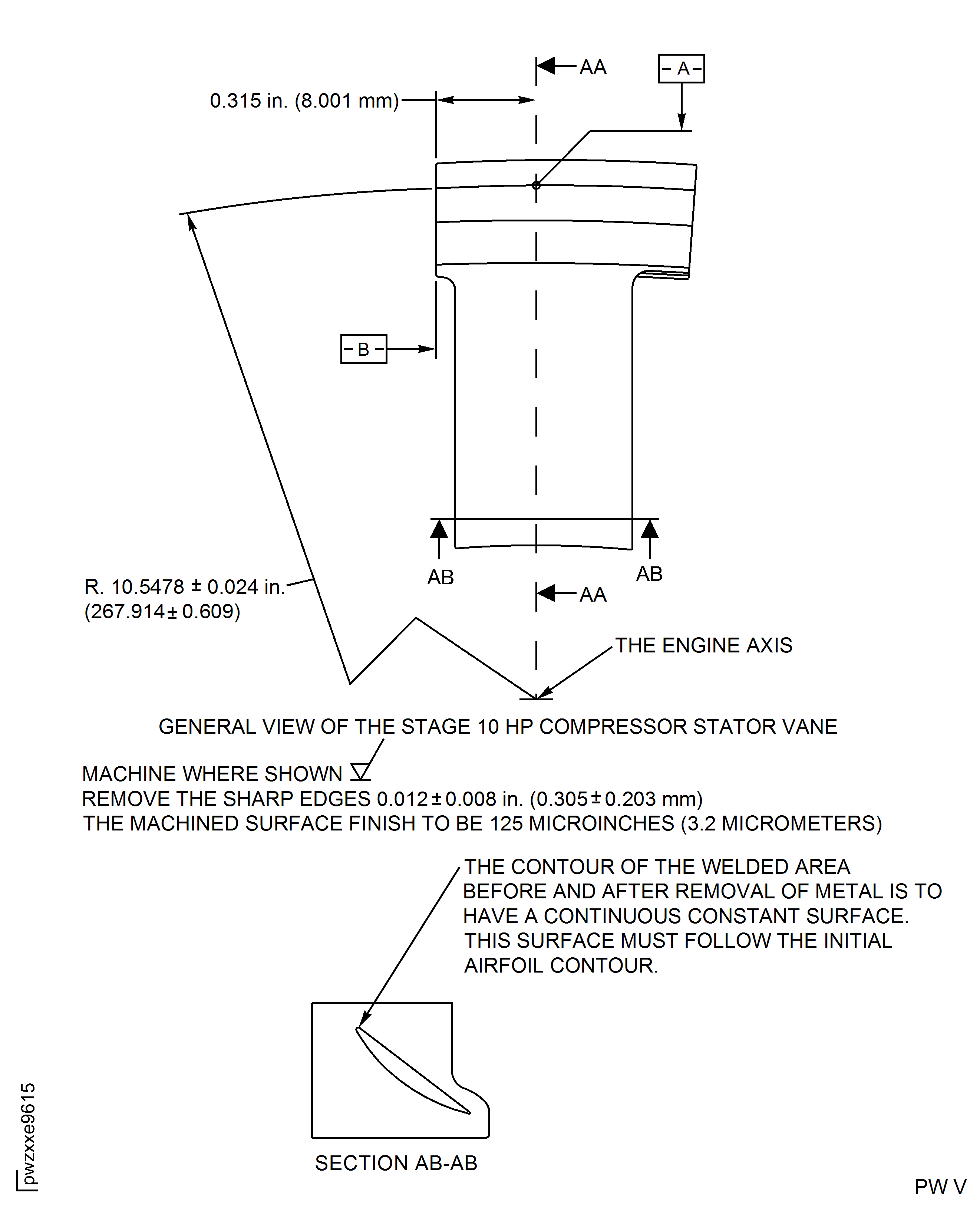 HP Compressor Stage 10 Stator Vane (Assembly E) - Repair Details and Dimensions