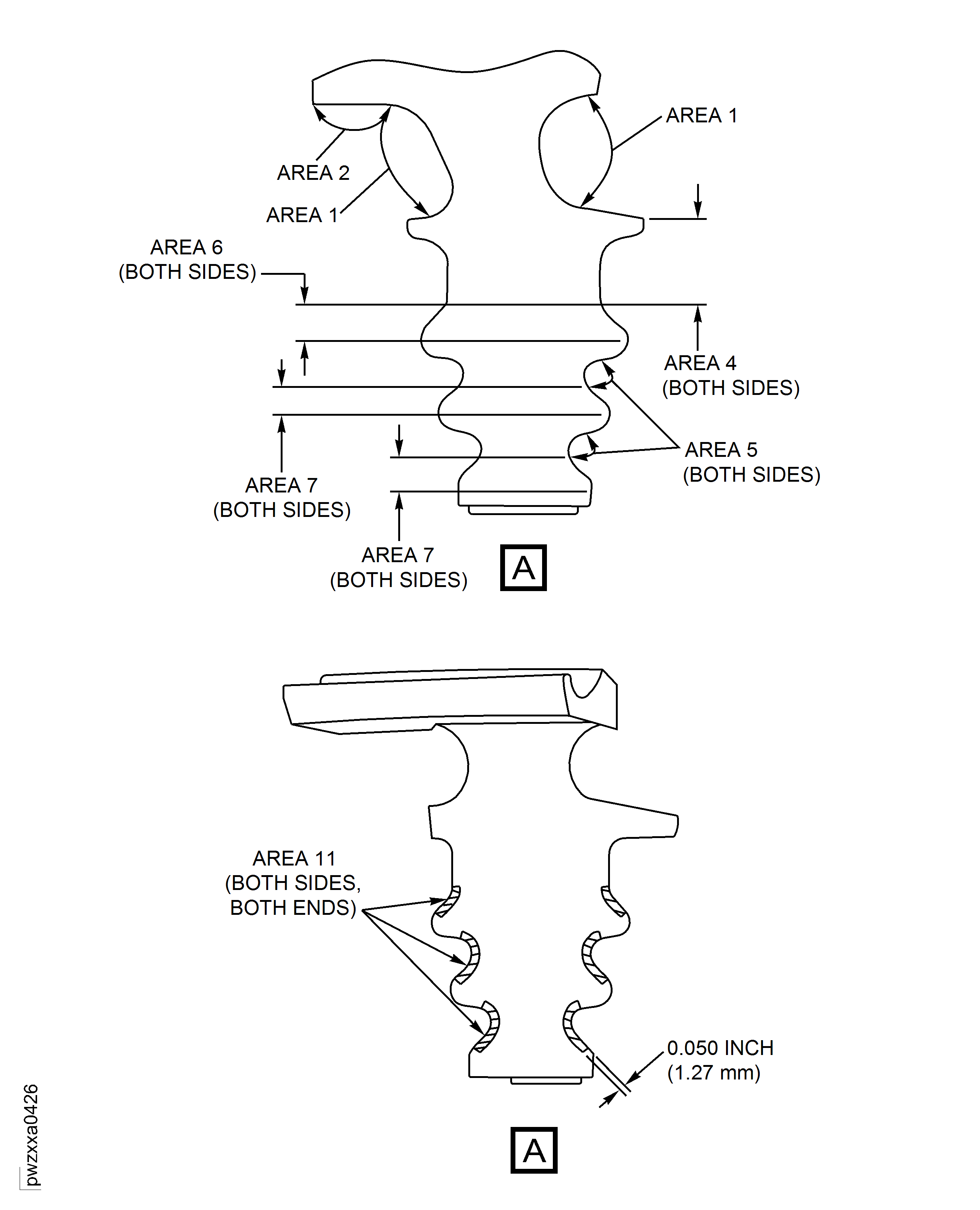 Stage 2 HPT Blade Root and Root Attachment Area Inspection Locations For Part Number 2A4822